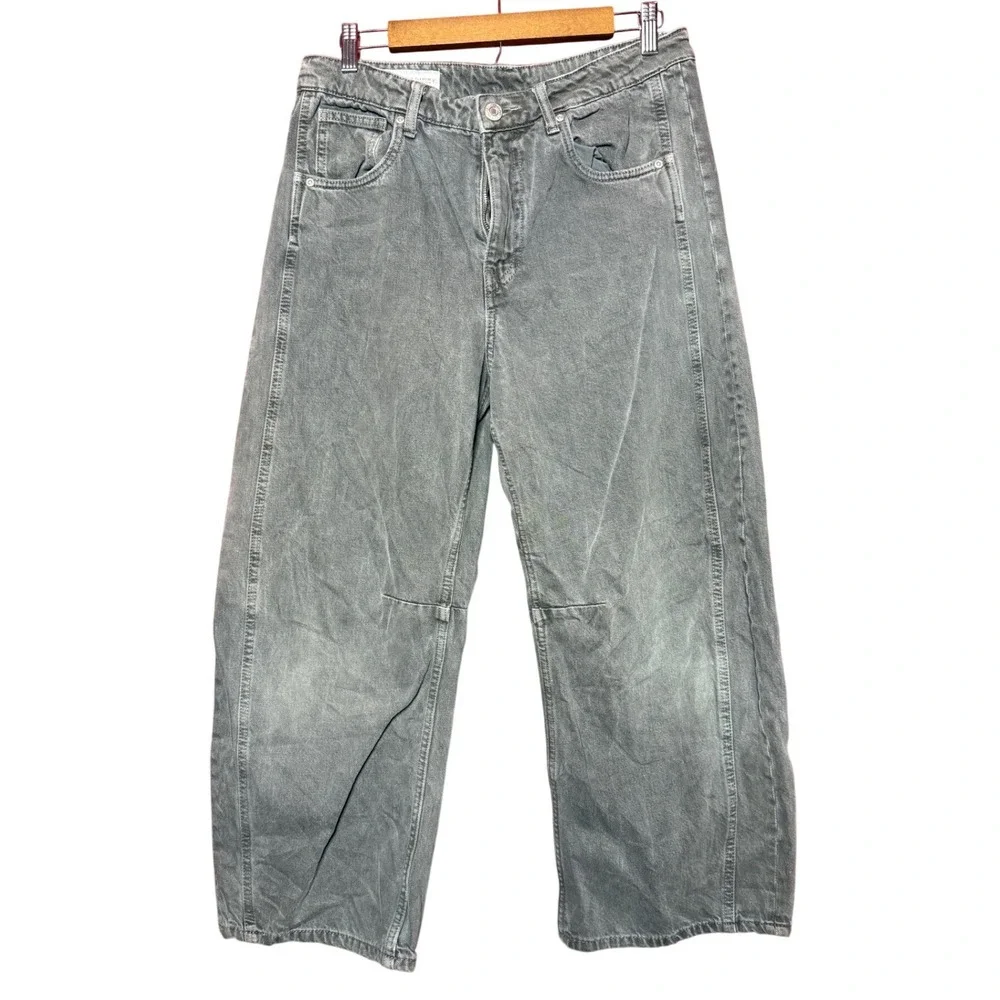 Zara‎ Barrel Jeans Women Size 6 Grey Wide Leg High Rise Faded Denim Pants